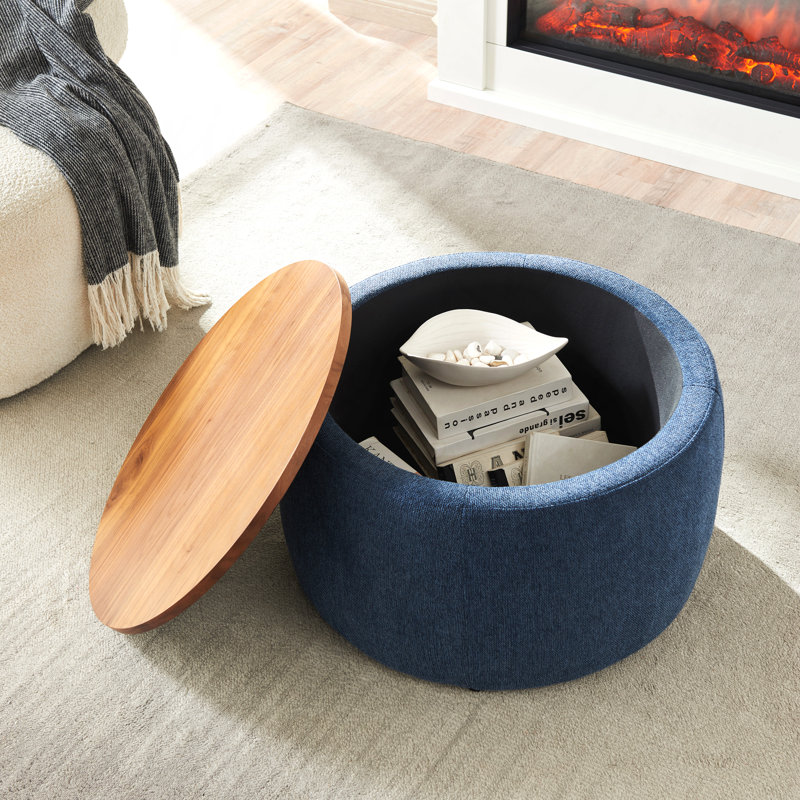 Round Storage Ottoman - 2 In 1 End Table & Footrest, Navy