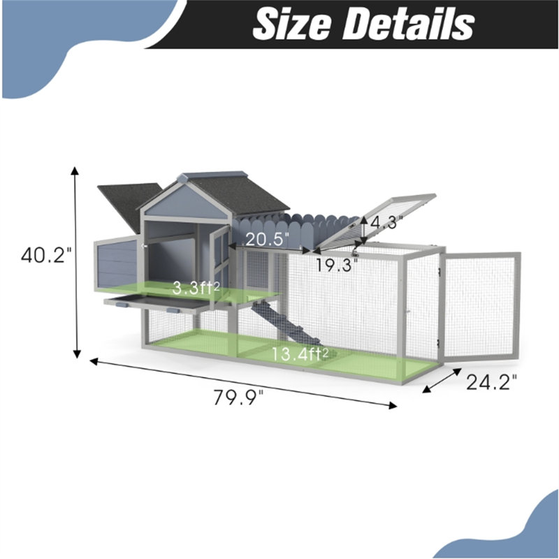 79.92 Inches Long Outdoor Chicken Coop, Fence With Pull-Out PVC Tray, Chicken Coop With Chicken Nest, Runway, Lounge, Ramp, Gray