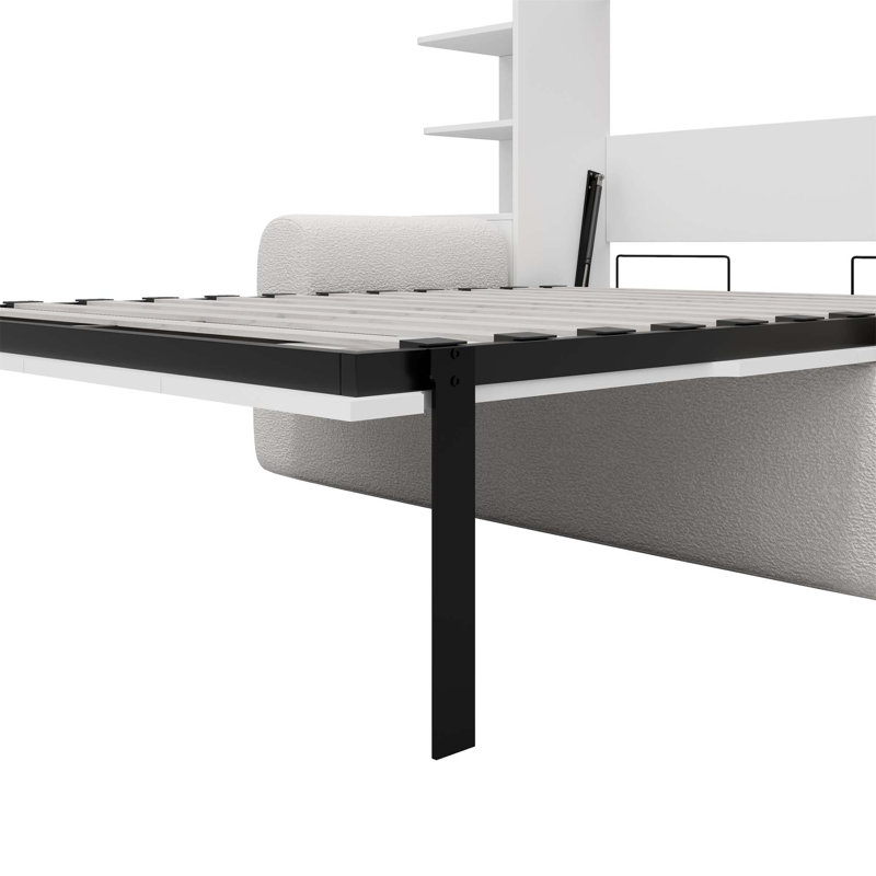 Full Size Wall Murphy Bed With Sofa And Storage Cabinets, Space-Saving Wall Bed For Home Office & Guest Room, White+Gray