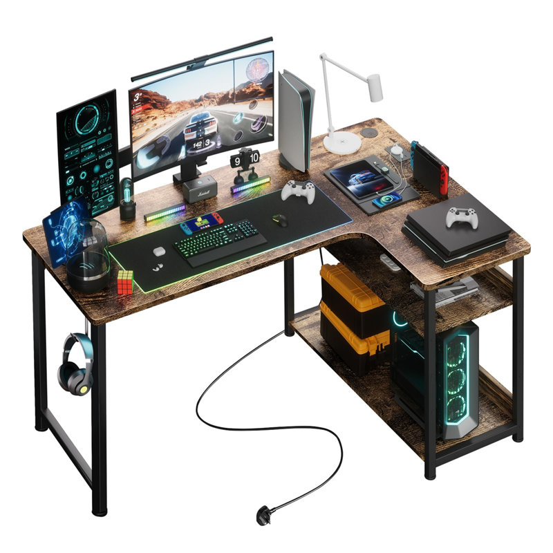 L-Shaped Computer Desk with Built-In Electrical Outlet, Brown