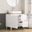 Ensemble de lavabo 31,5 pouces, 1 porte et 2 grands tiroirs, système à clous doux, conception sans poignée, plateau et pieds en bois massif naturel, lavabo carré en céramique sur le comptoir, blanc brillant