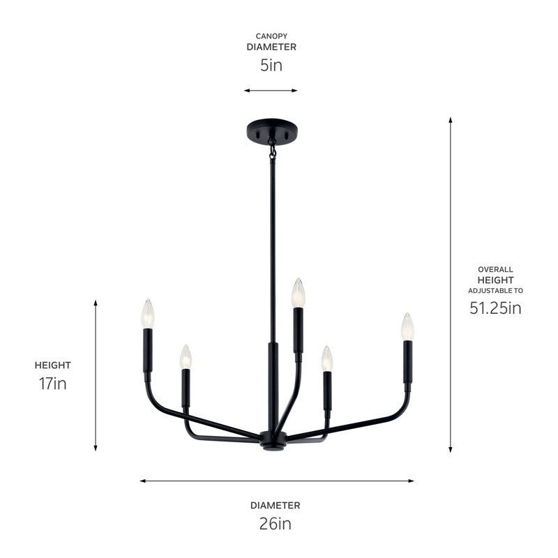 Steel Dimmable Classic / Traditional Chandelier, Satin Black, 17" H x 26" W x 26" D, 5