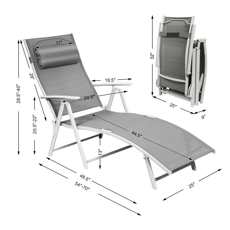 Chaise longue inclinable de 70 po avec coussins Amrom, Gris, Blanc, Noir