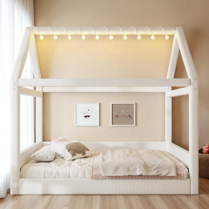 Lit plateforme double tapissier pleine grandeur avec lumière DEL, Beige