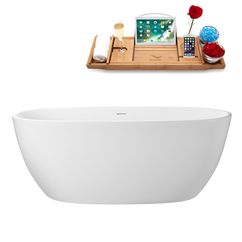 60" Streamline Soaking Glossy White Freestanding Tub and Tray With Internal Drain, Matte Oil Rubbed Bronze