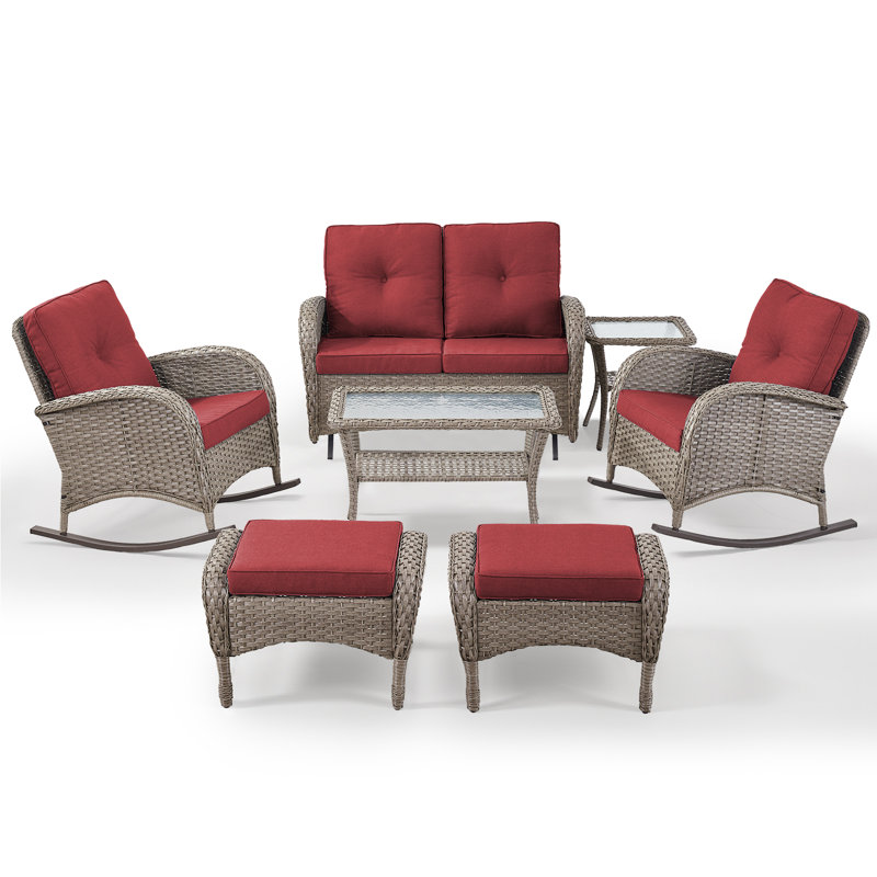 This Stylish Willow Terrace Glider Loveseat Conversation Set Turns Your Outdoor Area Into A Private Vacation Destination.It Includes A Glider Loveseat,  2 Classic Rocking Chairs, A Side Table, 2 Ottomans And A Coffee Table. Its Design Aims To Balance Com