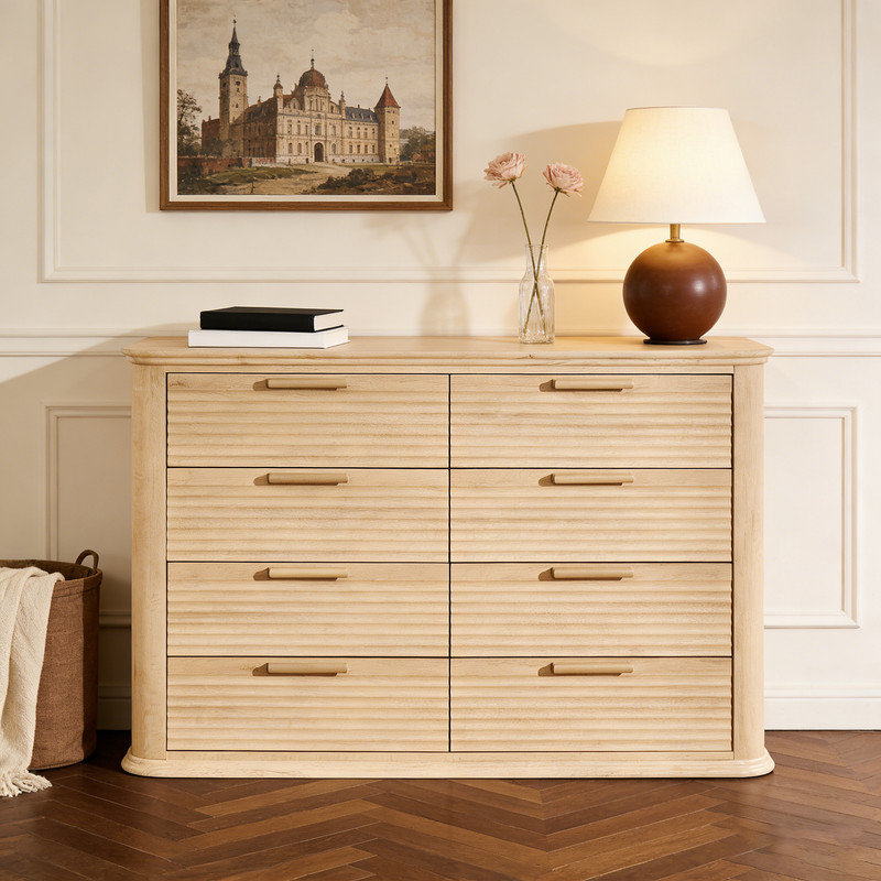 52" Wide Fluted 8-Drawer Dresser, Modern Curved Profile Wood Chest Of Drawers, TV Stand & Storage Organizer For Bedroom, Living Room, Or Hallway