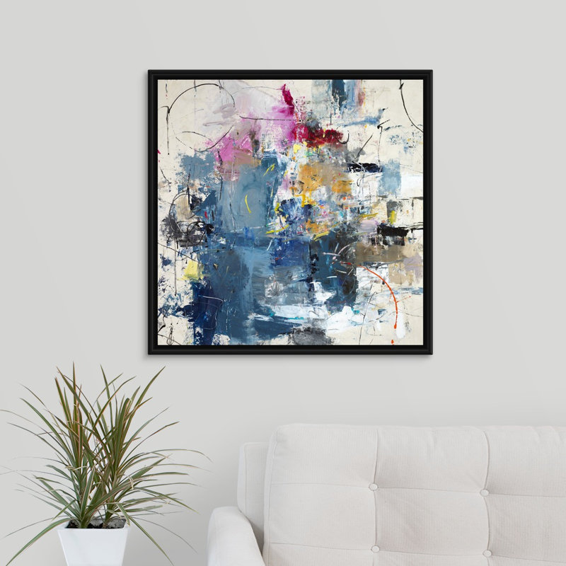 « justified play time », peinture sur toile, H 25,7 po x l 25,7 po x P 1,75 po, Cadre flottant noir
