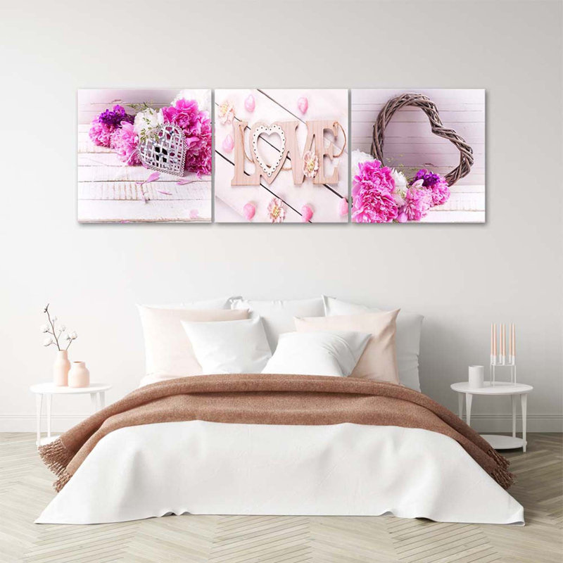 Pink Flower Love Inscription - 3 Piece No Frame Print on Canvas, 50cm H x 150cm W