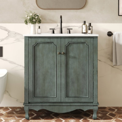 Meuble-lavabo de salle de bain rétro 30 po avec lavabo rectangulaire en céramique, meuble-lavabo avec poignées antiques et 2 portes