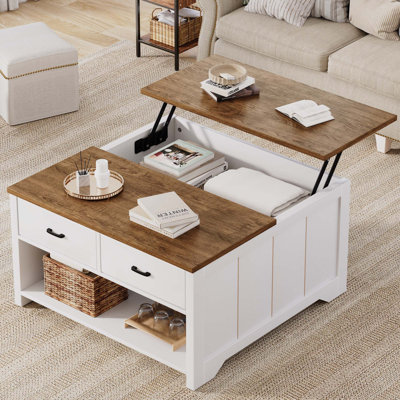 Vividwood Coffee Table Lift Top, Wood Tea Table With Big Open Storage, Square Coffee Table For Living Room, Farmhouse Coffe Tables Rustic Center Table With 2 Drawers, Brown White