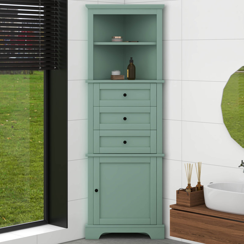 Armoire triangulaire haute avec 3 tiroirs et tablettes réglables, armoire de rangement haute pour salle de bain, panneau de fibres à densité moyenne avec finition peinte