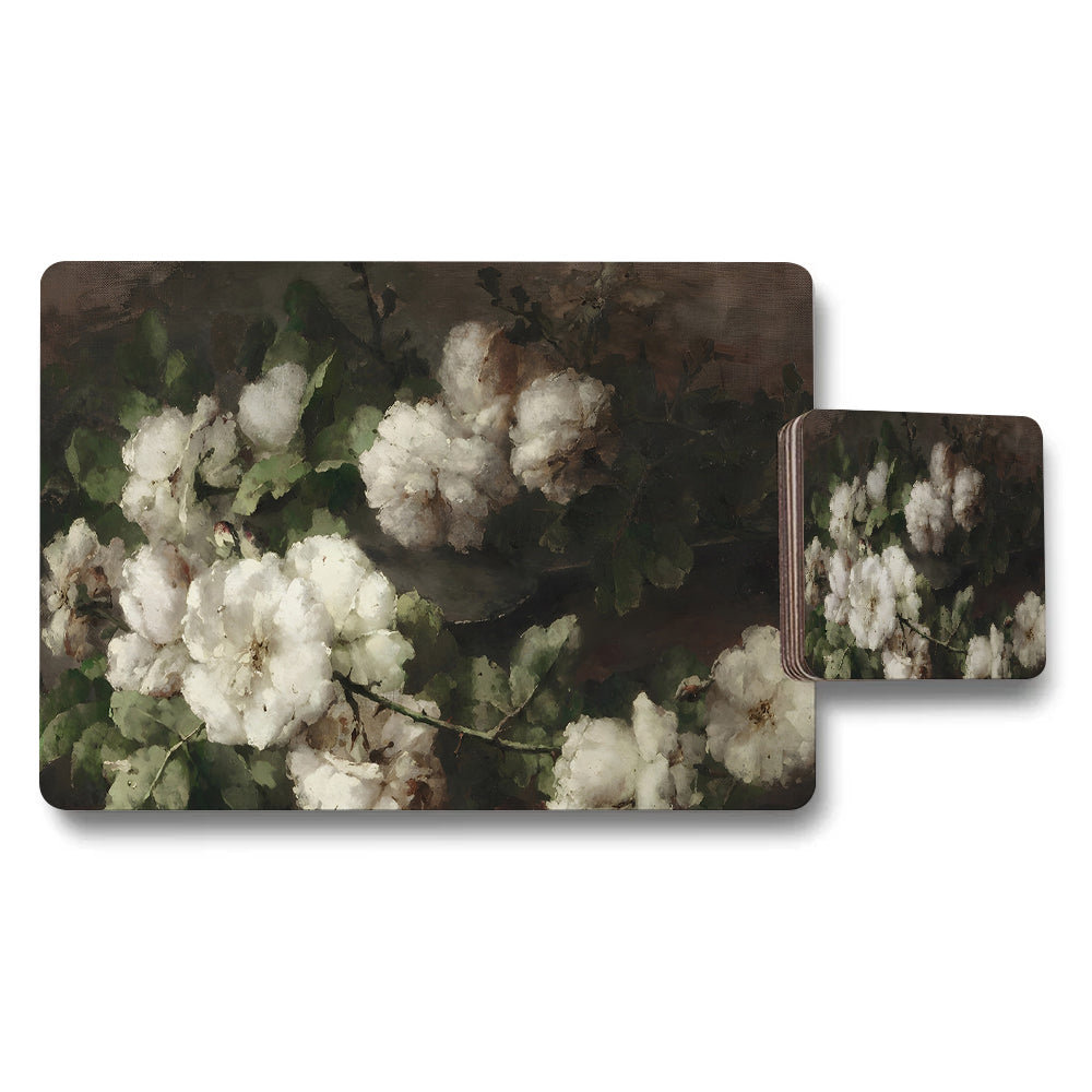 White Floral Placemats And Coaster Set With Dark Background