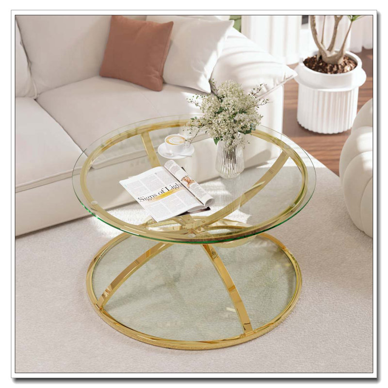 Table basse moderne en verre 31,50 "avec 2 niveaux, Doré