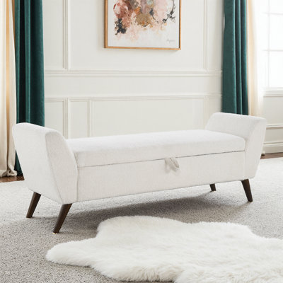60" Modern Storage Bench with Mid-Century Wood Legs – Teddy Upholstered Ottoman, Flip-Top Hidden Storage – Padded Seat, 350 lb Capacity – End-of-Bed Bench, Entryway Seating, Living Room Accent