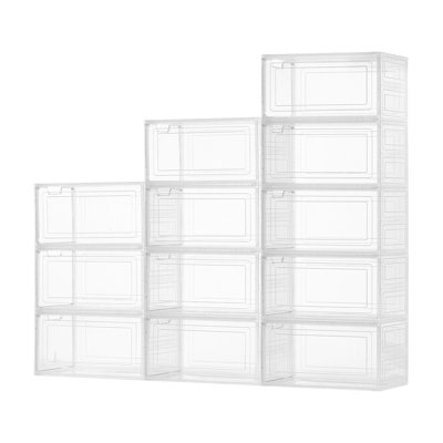Paquet de 12 boîtes de rangement pour chaussures empilables transparentes avec portes magnétiques - Organisateurs en plastique transparents robustes pour espadrilles et bottes