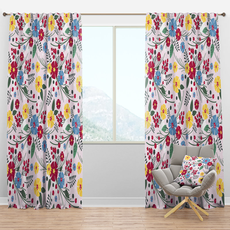 Panneau de rideau simple semi-diaphane à motif floral multicolore Mid-Century, l 52 po x L 63 po