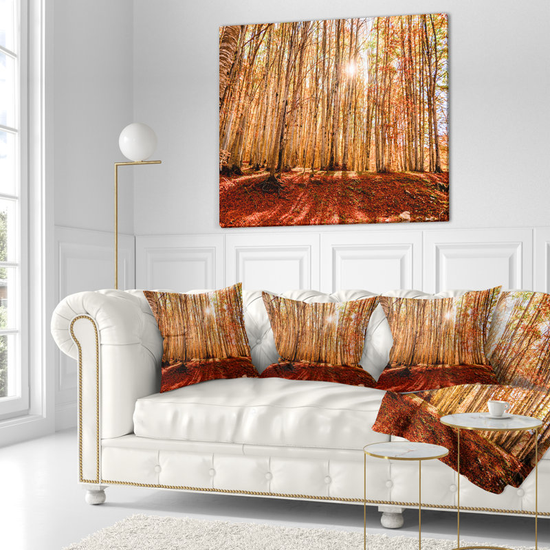 Coussin de chute de soleil au dessus d’une épaisseur de forêt brillante, 16 po x 1 po, Coussin décoratif