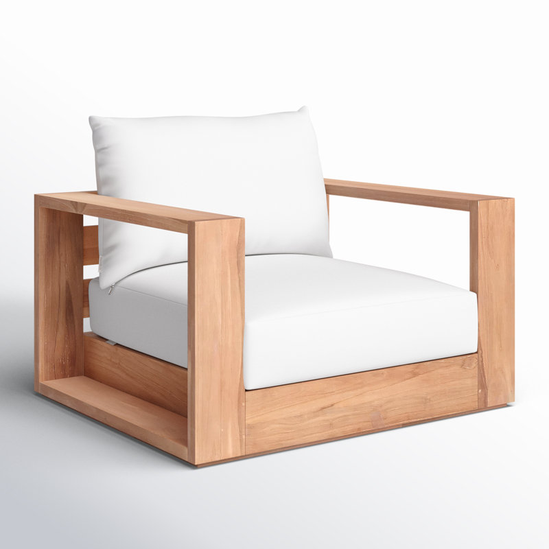 Teak Brown Outdoor Armchair with White Cushions