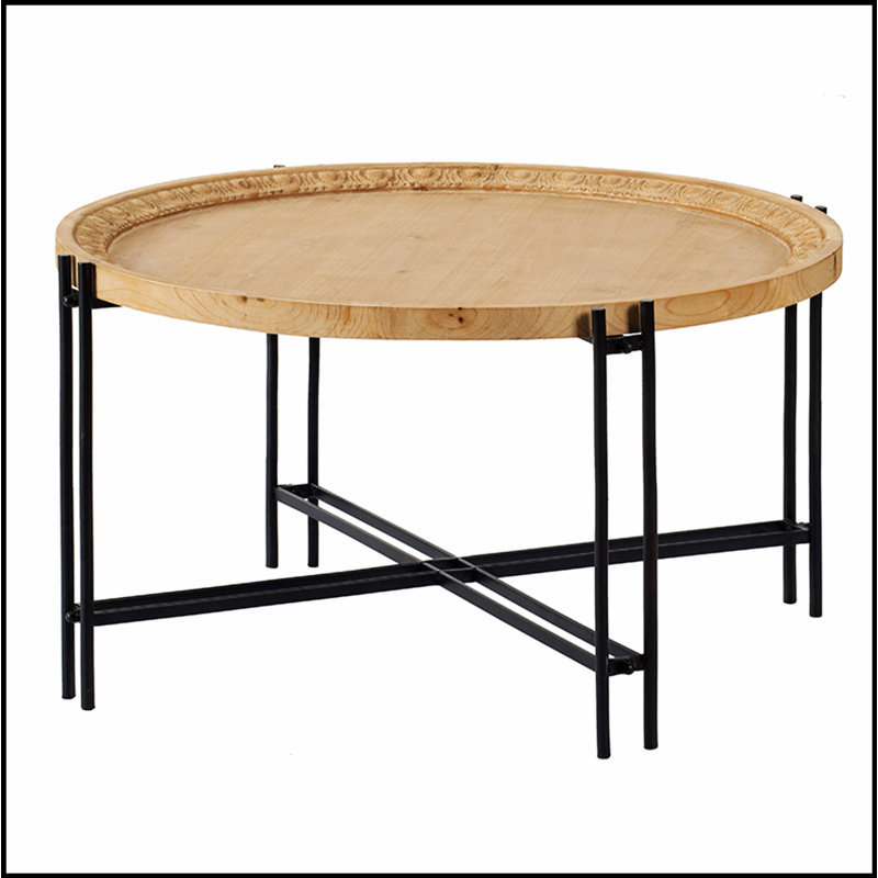 Table basse ronde en bois D32 x 18 avec pieds en métal, parfaite pour un décor moderne et rustique.
