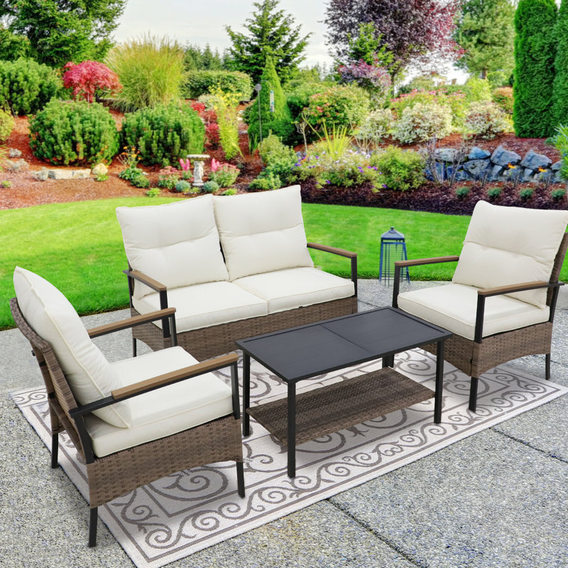 Ensemble de conversation d'extérieur pour 4 personnes avec coussins , Beige