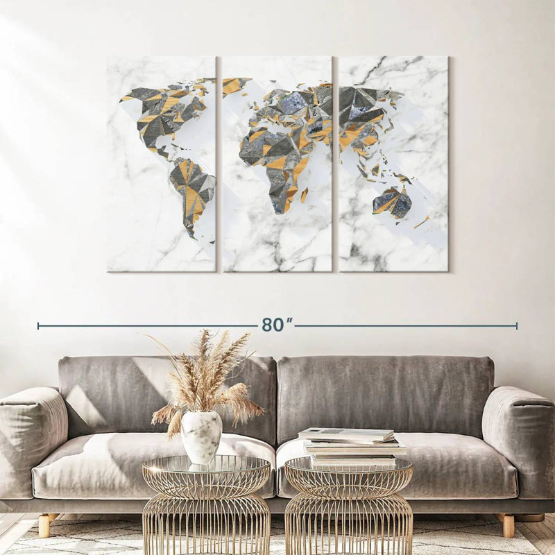 Carte du monde géo-marbre 3 pièces, H 57 po x l 36 po x P 1,25 po