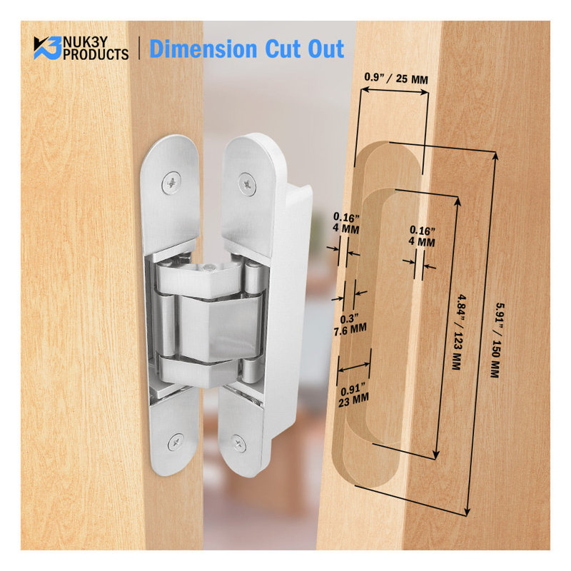 Charnière de porte invisible / dissimulée H 5,91 po x l 2,6 po, Nickel satiné