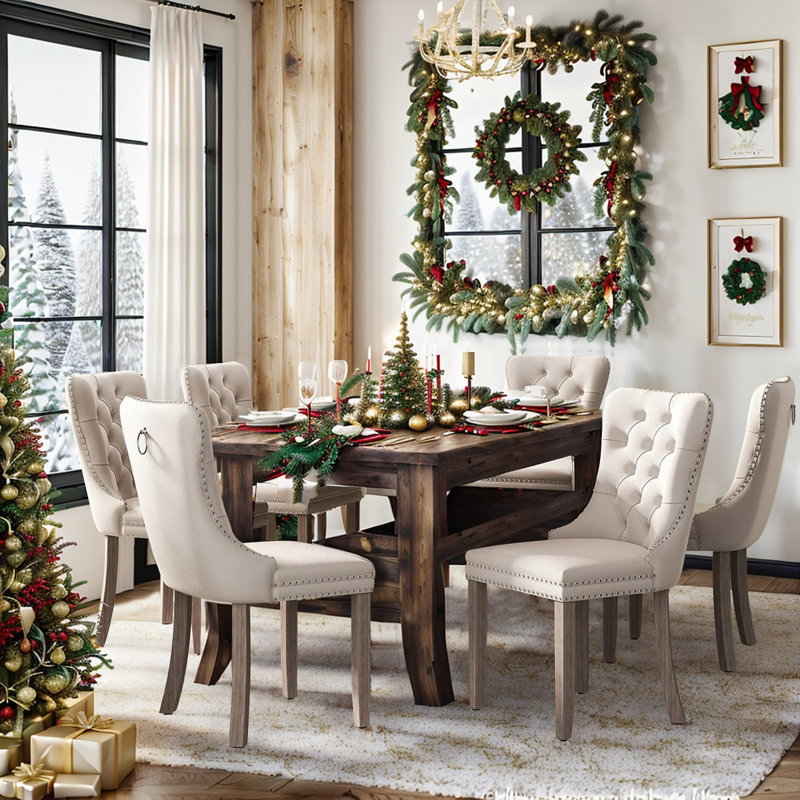Dining Chairs, Upholstered High-end Tufted Dining Room Chair with Nailhead Back Ring, Natural Wood, 6, Beige