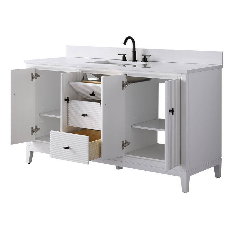 Ensemble de meuble-lavabo autoportant 60 po avec plateau en marbre Caldwell, Blanc Arabescato, Blanc, Noir mat