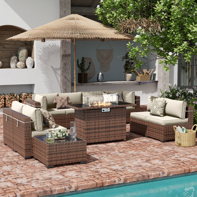 8-Person Outdoor Seating Group with Fire Pit Table & Coffee Table