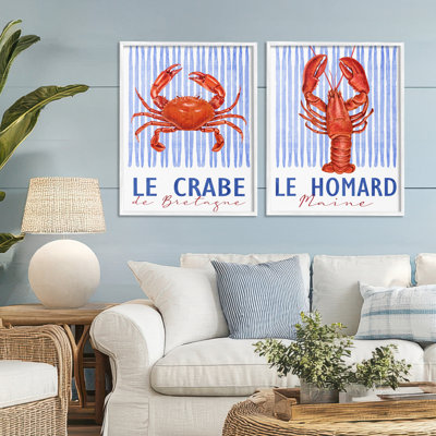 Ensemble de 2 giclées encadrées, "Nautical Stripes Sea Creatures", par Kim Allen