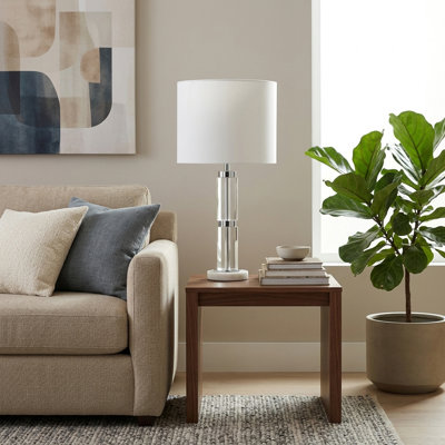 Tall Glass Table Lamp with Marble Base for Bedside or Desk Accent - Decorative Lamp for Living Room Side Table and Bedroom Decor - 27", Clear & White
