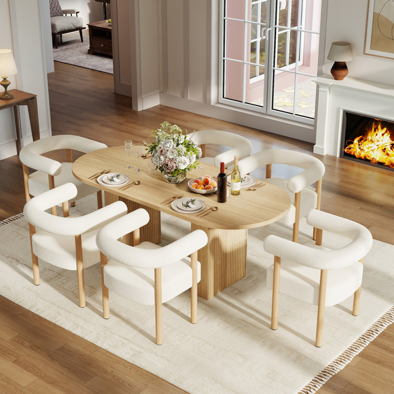 Ensemble de table de salle à manger avec 6 chaises cylindriques en peluche, ferme moderne pour la cuisine et le salon, Bois