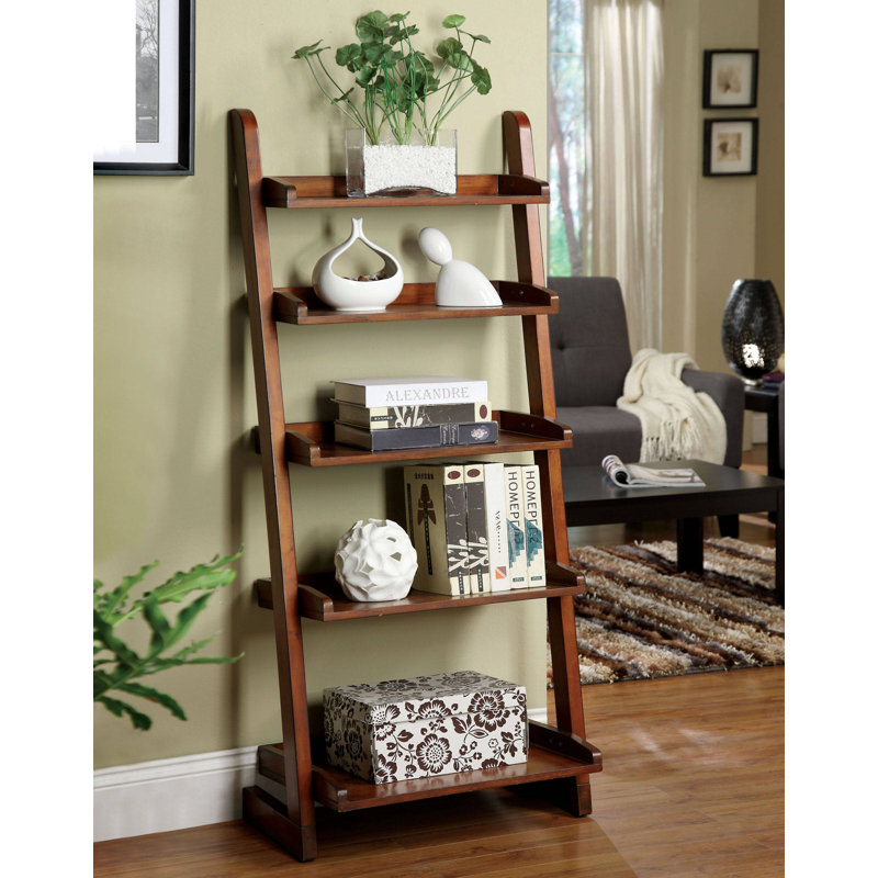 Étagère échelle en bois à 5 niveaux de style transitionnel avec base traîneau, chêne antique