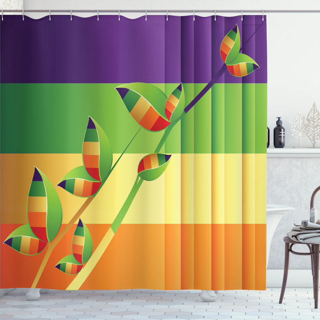 Modern Various Fractal Floral Leaves and Branch Vibrant Stripes Fantasy Art Shower Curtain Set Ambesonne