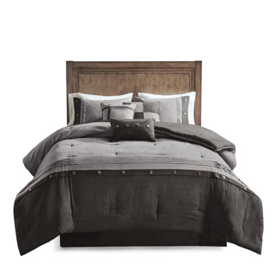 Grey Queen 7 Piece Faux Suede Comforter - Lodge Cabin Decorative Buttons Machine Washable Cozy Decor With Fill Classic Style