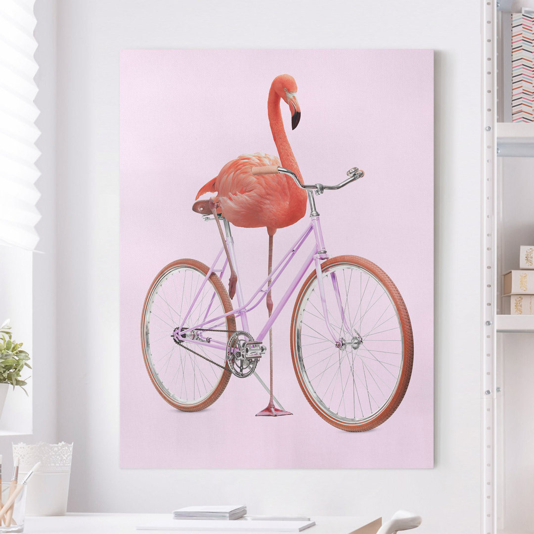 Leinwandbild Flamingo mit Fahrrad von Jonas Loose