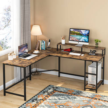 Industrial L-Shaped Desk with Storage Shelves, Corner Computer