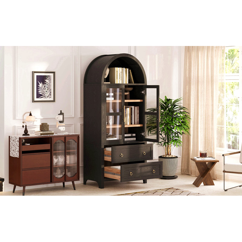 71" Tall Arched Kitchen Pantry Cabinet With 2 Large Drawers, Modern Farmhouse Kitchen Storage Cabinets With Adjustable Shelves, Glass Door, Wood Versatile Cupboard