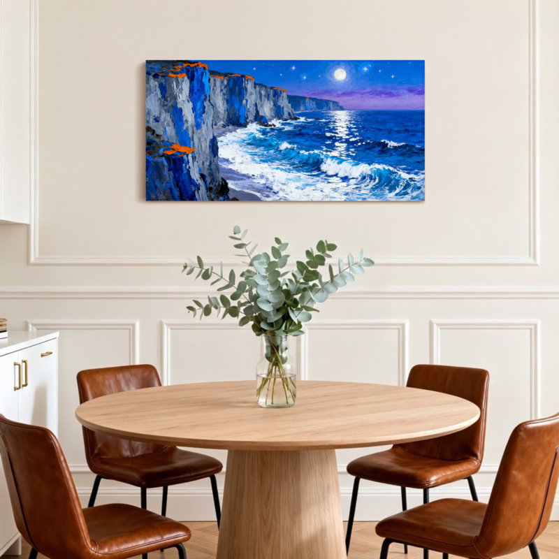 Paysage et nature au clair de lune, falaises, vagues de l'océan, ciel nocturne, étoiles, côte, H 16 po x l 32 po
