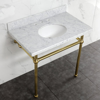 Kingston Brass Templeton 36-Inch Carrara Marble Console Sink with Brass Legs (8-Inch, 3-Hole)