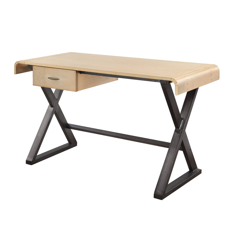 Bureau rectangulaire en aluminium doré avec garniture en cuir et pieds de rangement spacieux