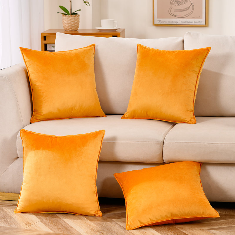 Set Of 4 Throw Velvet Cushion Covers, 18"H x 18"W, Yellow Orange