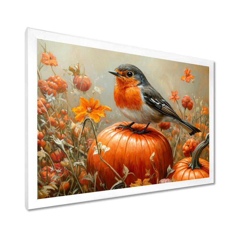 Robin, oiseau dans la citrouille, patch II - oiseau, décoration murale, H 30 po x l 40 po, Cadre simple, Blanc