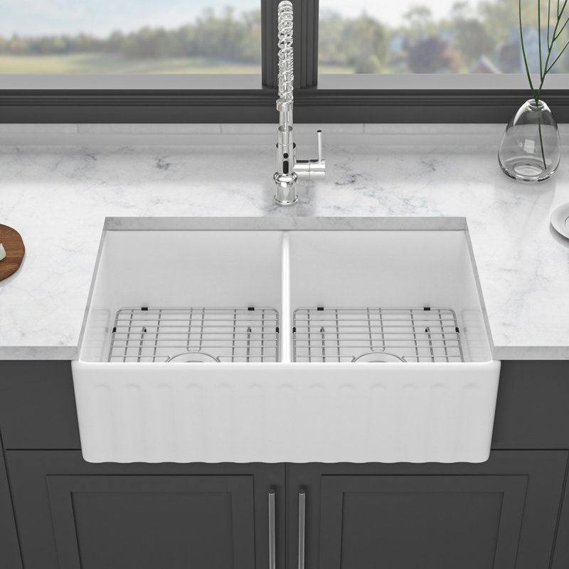 Évier de cuisine blanc réversible - 33 po x 20 po x 10 po en porcelaine blanche à double cuve en céramique réversible