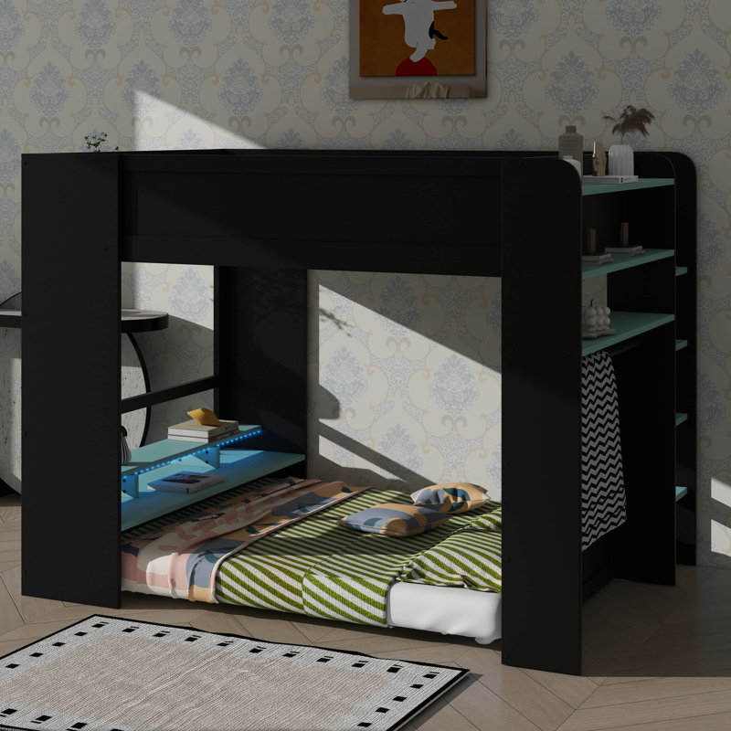 Full-Size Bunk Bed With Height-Adjustable Desk, Complete With Wardrobe And RGB Lighting Choices, Blue