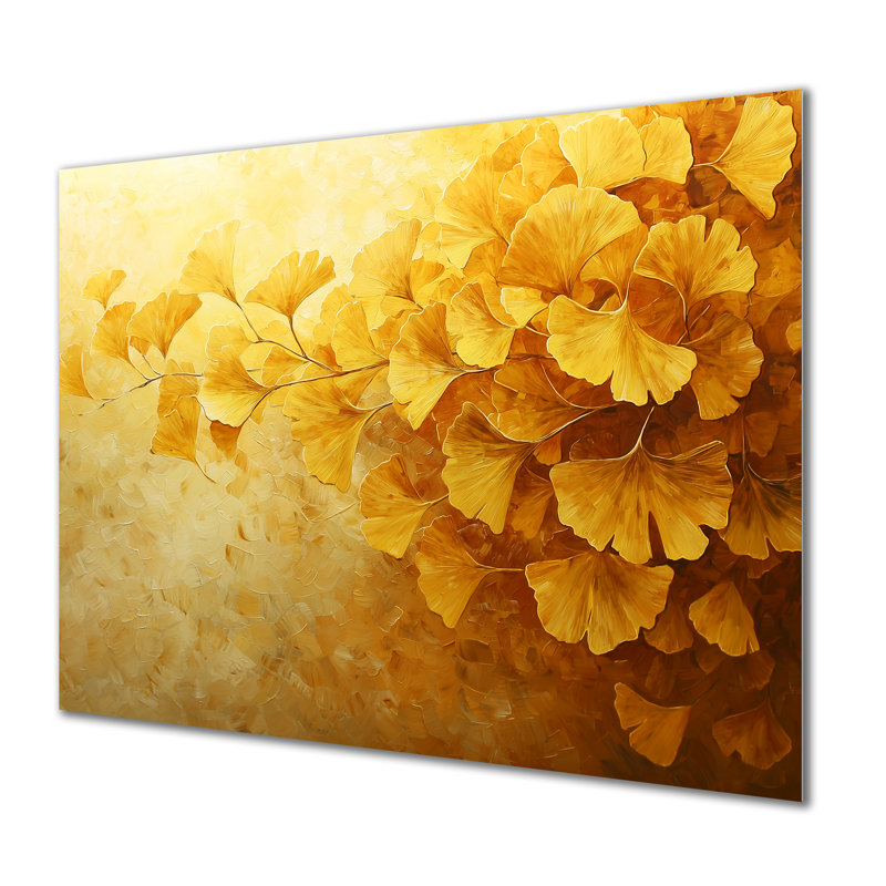 Golden Ginkgo Leaves Harmony II - feuilles, impression sur métal, H 12 po x l 20 po