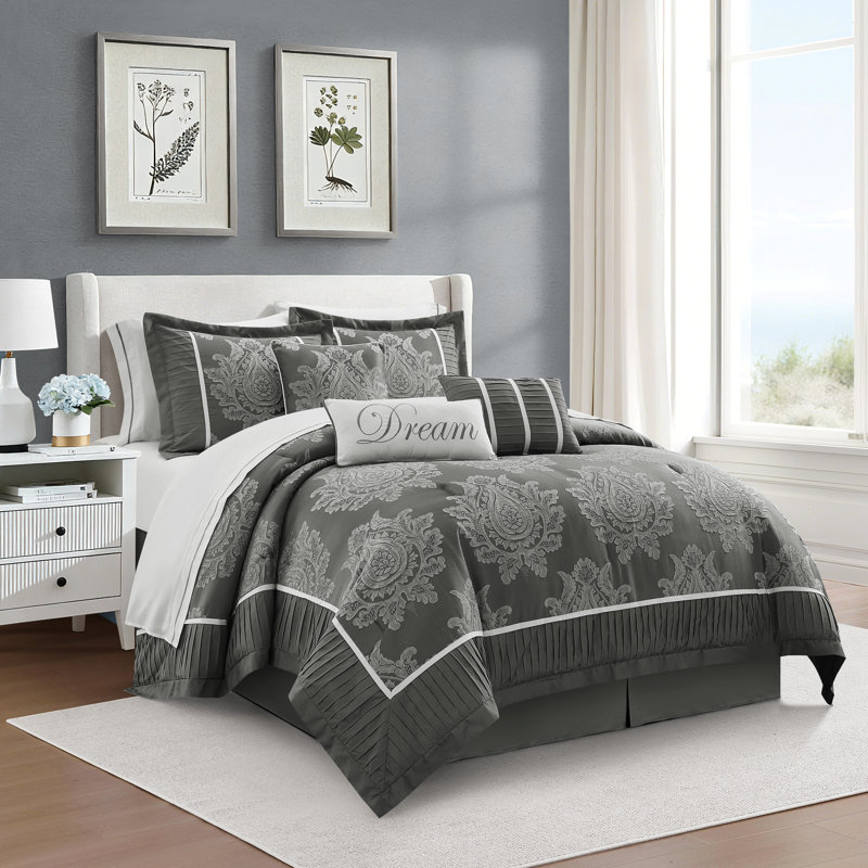 Therese Microfiber Jacquard 15 Piece Comforter Set, Grey, King