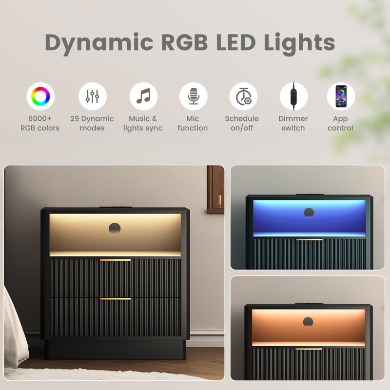 23.6" W 2 - Drawer Nightstand with Charging Station and LED Light, Black