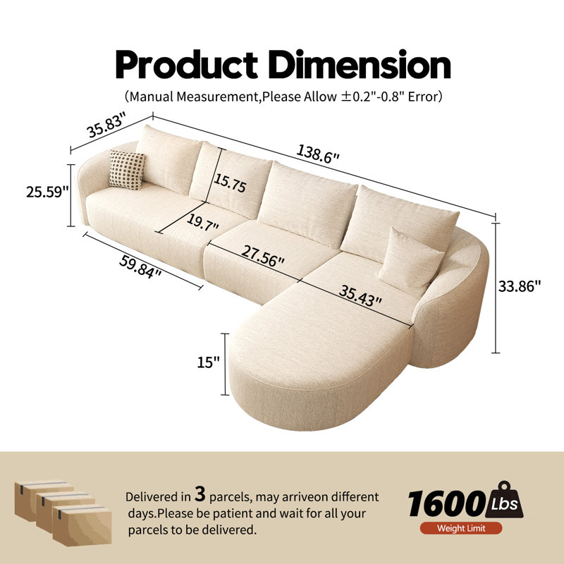 Canapé modulaire incurvé modulaire Boneless, H 33,86 po x l 138,6 po x P 72 po, Orienté à droite, Blanc